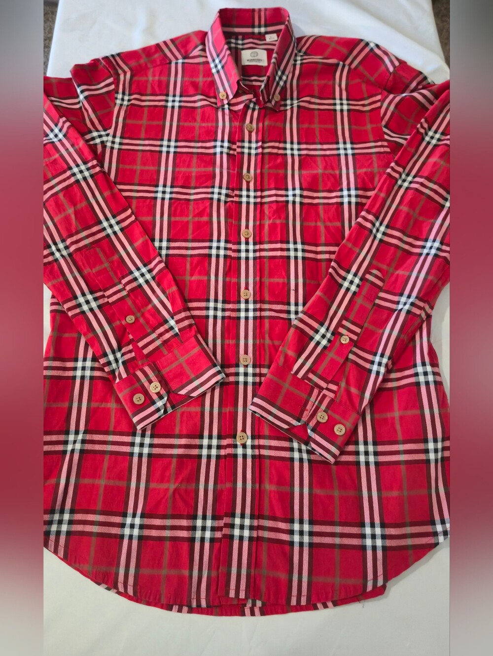 Burberry Red Plaid Button-Down Shirt with Black & White Trim